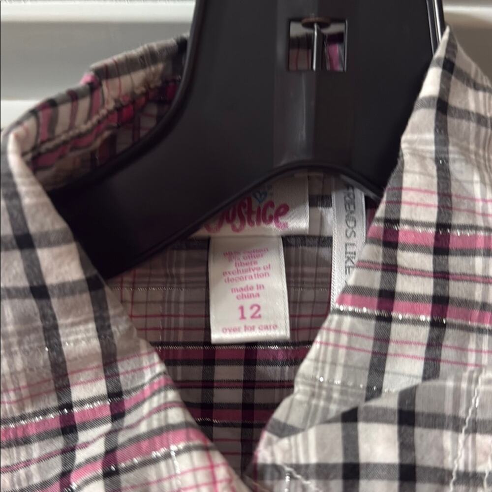 Justice Pink and Black Plaid Shirt Girls Size 12 Button Up - Picture 3 of 4